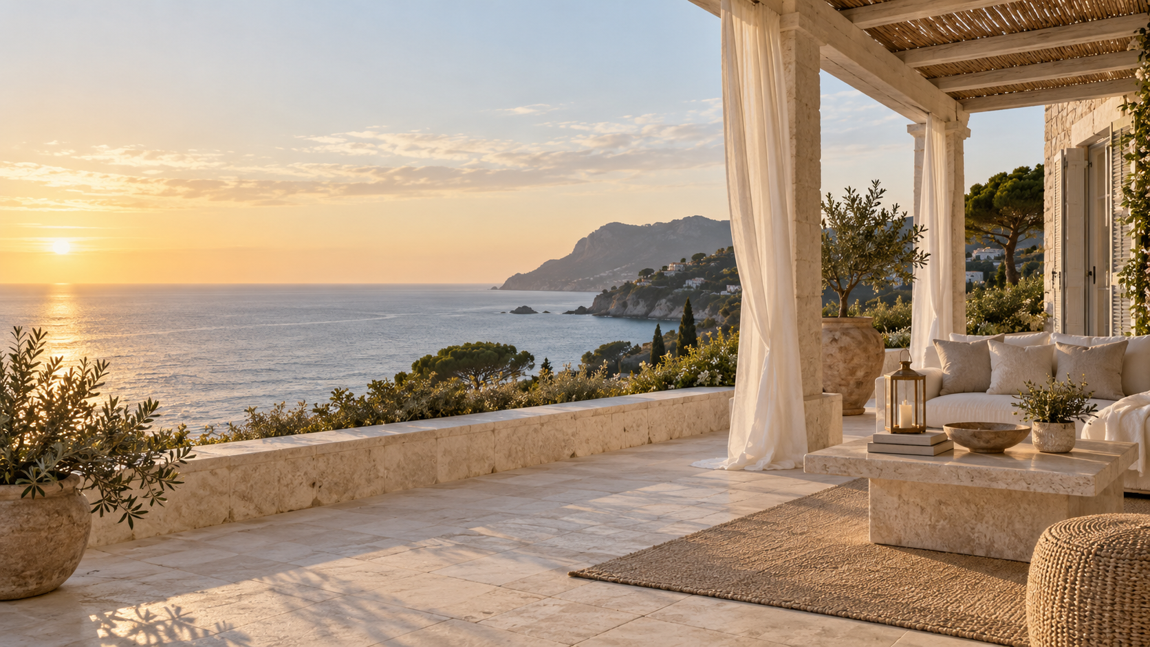 Terrazza mediterranea affacciata sul mare al tramonto